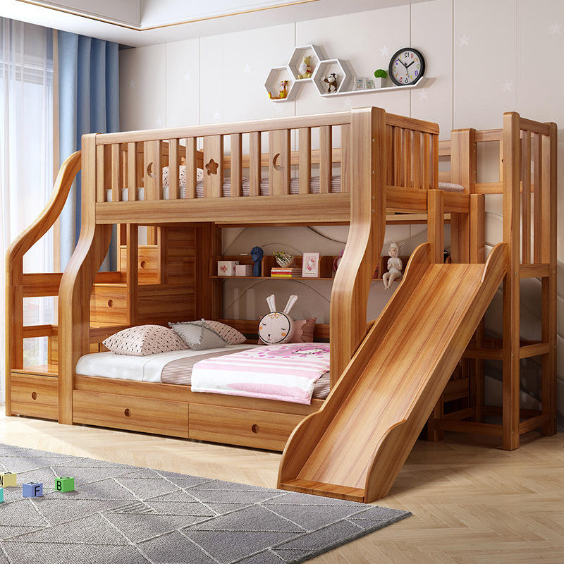 बच्चों के लिए सीढ़ी के साथ ठोस लकड़ी का चारपाई बिस्तर-01