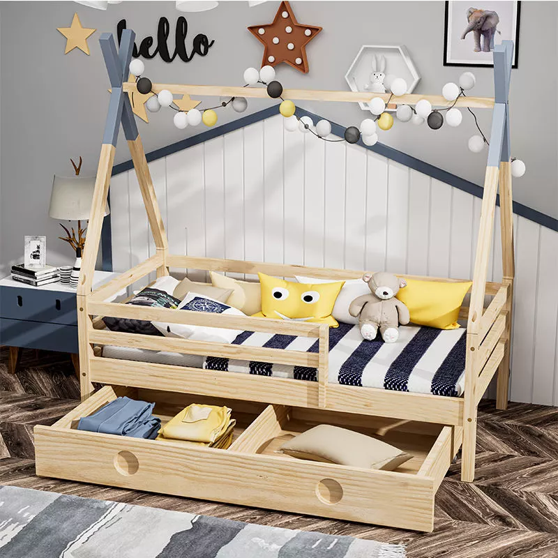 Wood Color Cama Montessori Pine Wood House Bed