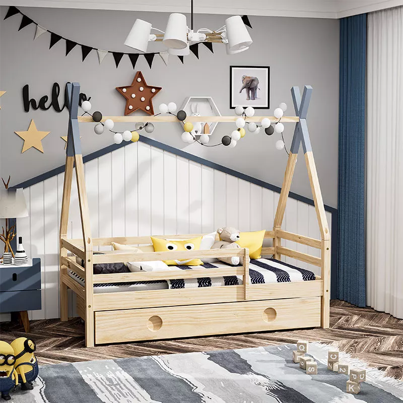 Wood Color Cama Montessori Pine Wood House Bed