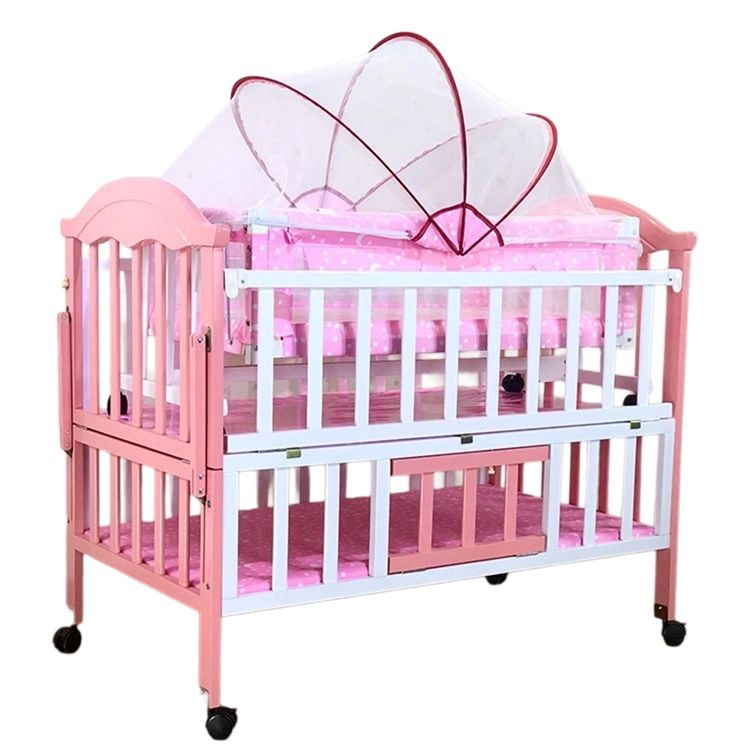 Multifunctional Wood Pink Crib with Wheels