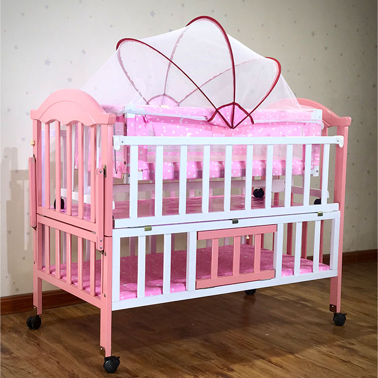Multifunctional Wood Pink Crib with Wheels