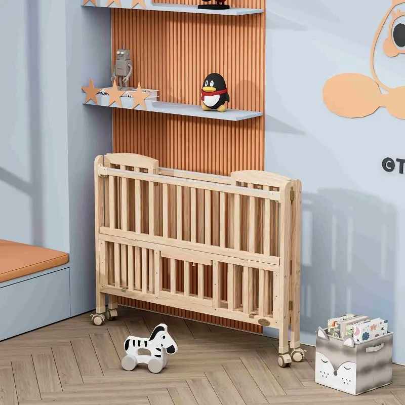 Natural Pine Wood Crib with Wheels